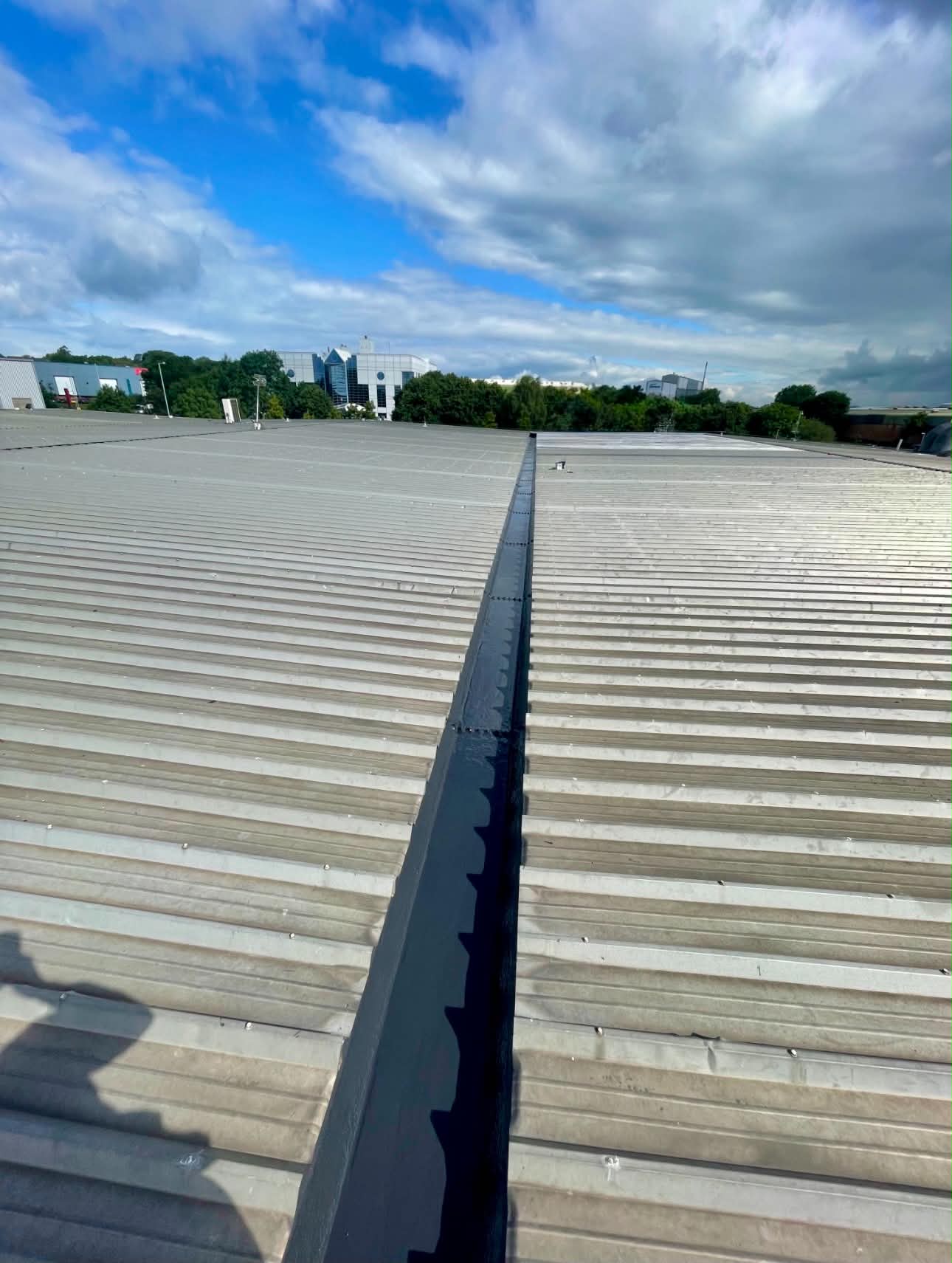 Liquid applied coating sealing a joint line across a commercial metal roof